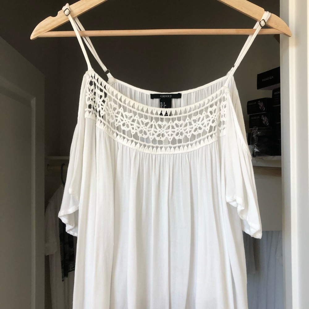 Forever 21 White Crochet Yoke Cold Shoulder Spaghetti Strap Top